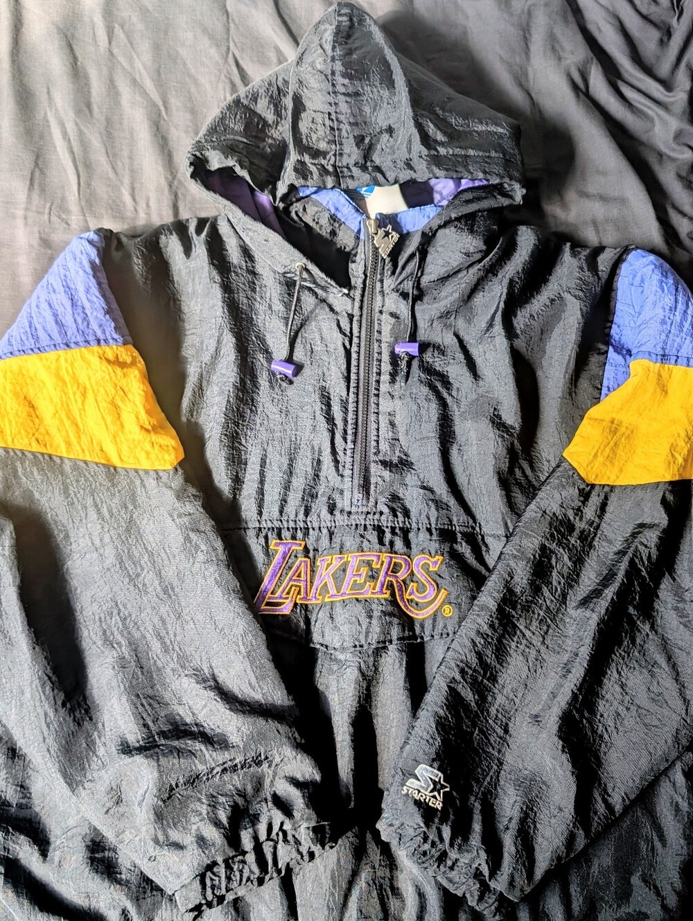 STARTER Black Lakers Embroidered Logo Varsity Jacket